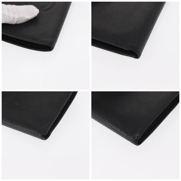 CHANEL COCO Mark Long Wallet Grained Calf Skin Black Gold CC Auth bs31586